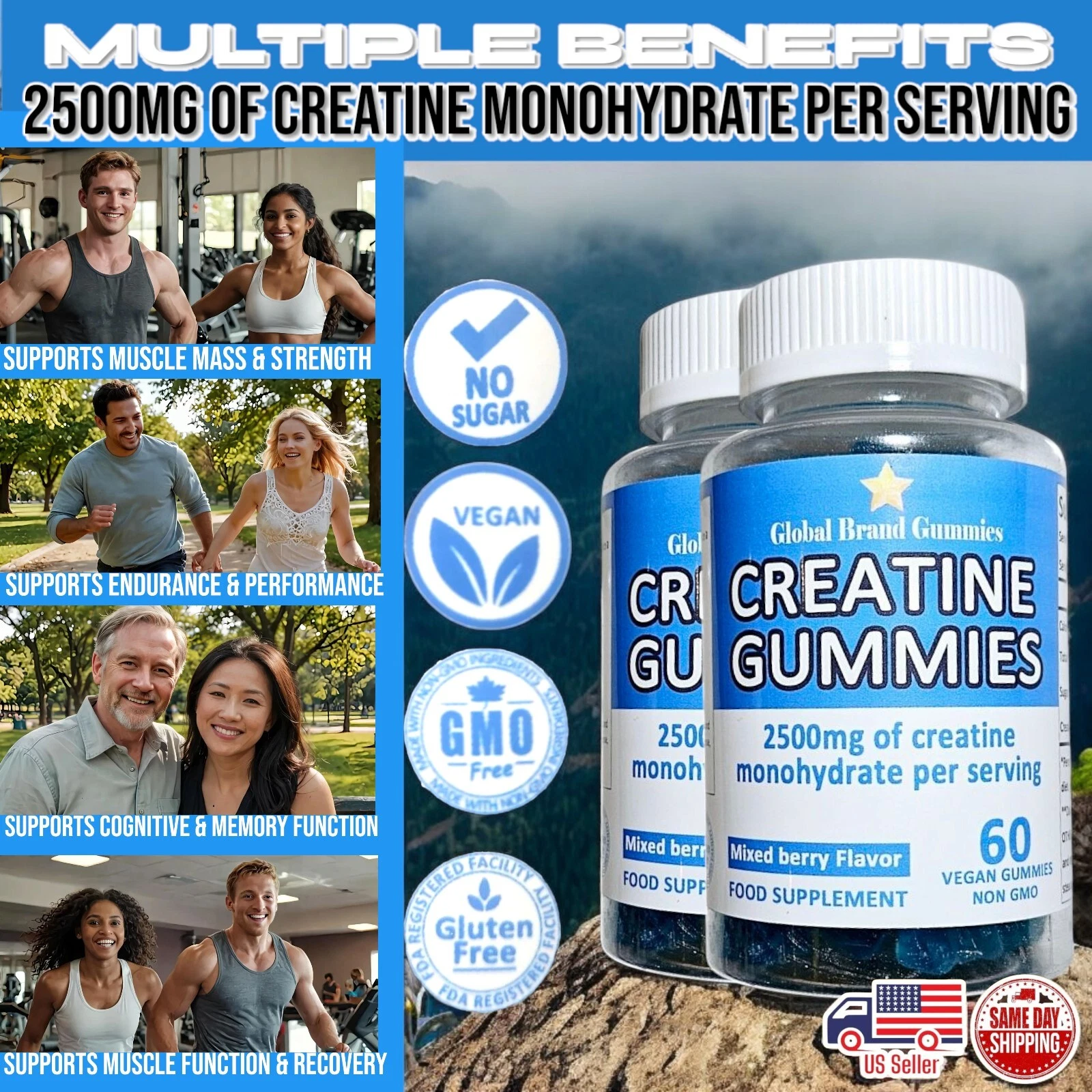 2 x Bottle CREATINE GUMMIES 2500MG Creatine Monohydrate Mixed Berry 120 Ct Lot