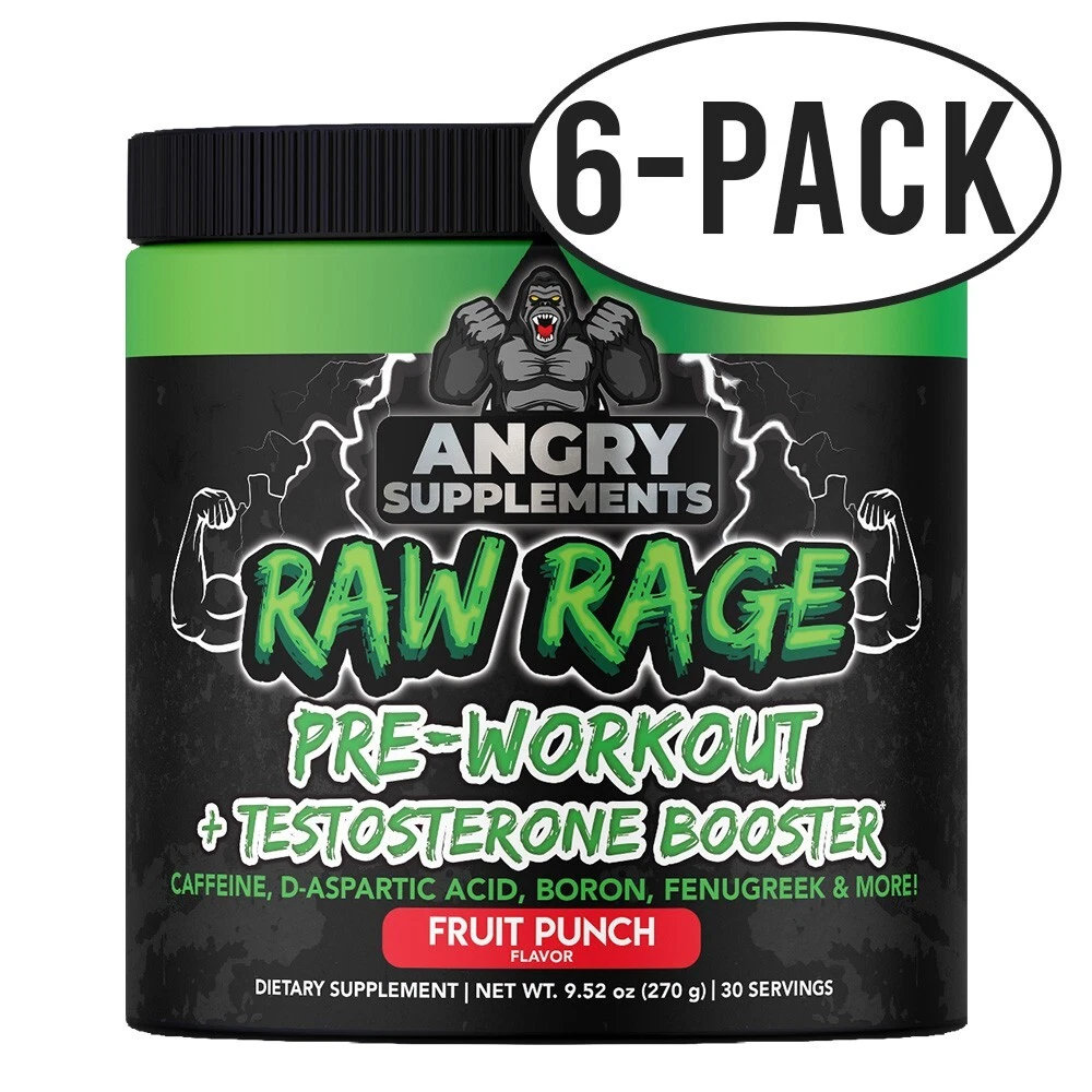 Pre Workout Powder Angry Supplements Raw Rage Test Booster Drink Fruit Punch 6PK
