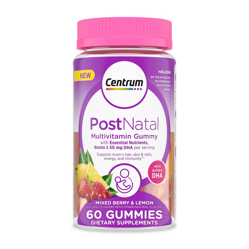 Centrum Postnatal Multivitamin Gummies with Biotin and DHA, Mixed Berry and Lemo