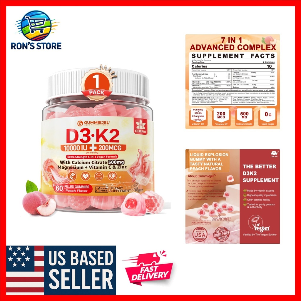 Extra Strength D3 K2 Gummies with Magnesium, Zinc & Vitamin C - 60 Count