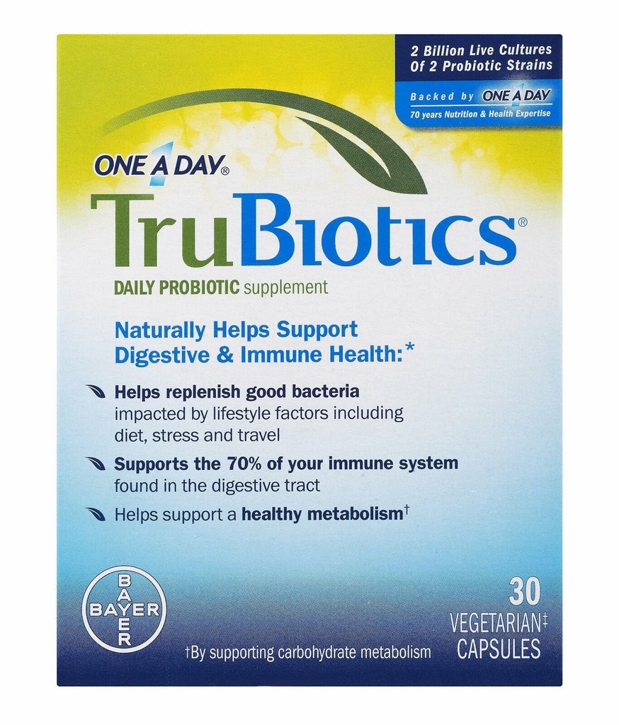 One A Day TruBiotics Probiotic Supplement Vegetarian Capsules 30 Count Pack of 2