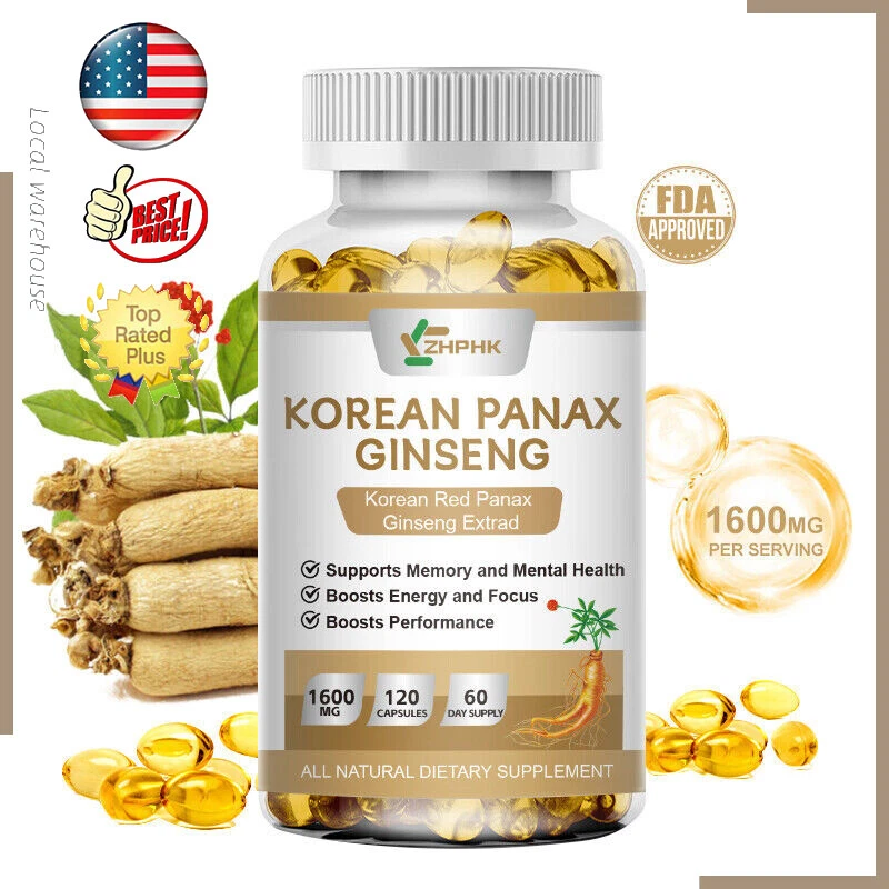 Korean Red Panax Ginseng 1600mg 120 Capsules Energy Libido Testosterone Booster