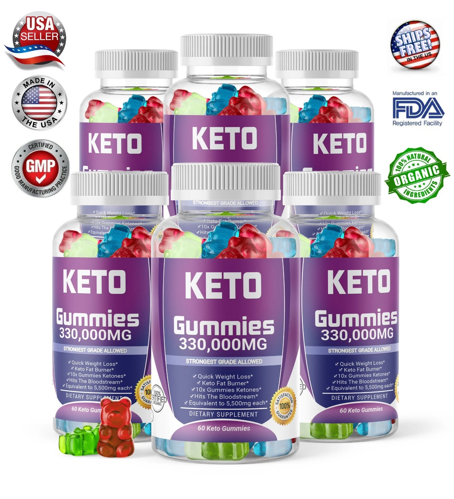 6x Keto Gummies 330,000mg Slimming Apple Cider Vinegar ACV Weight Loss 60 Gummy