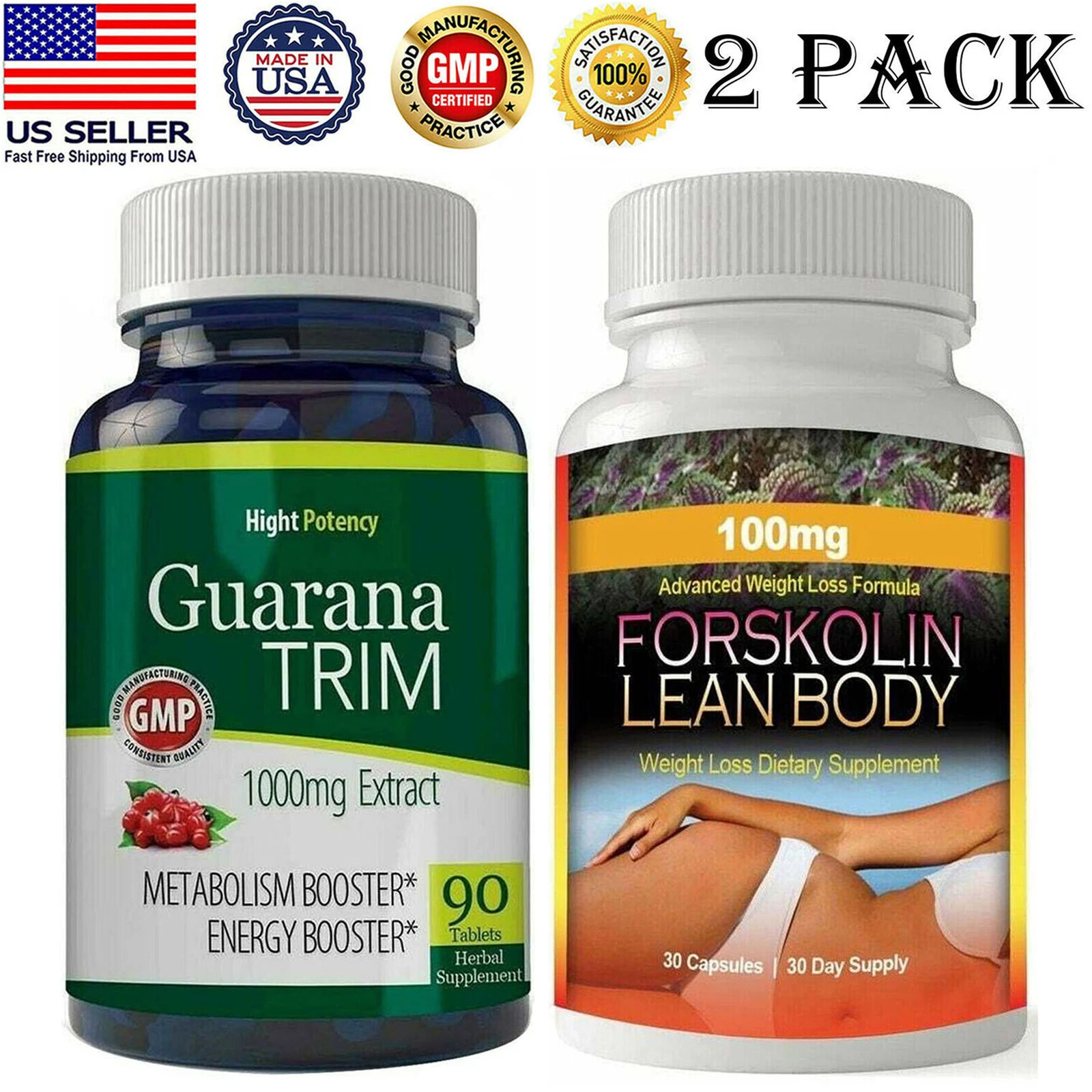 Guarana Seed Energy Booster Pills and Forskolin Extract Weight Loss Supplements