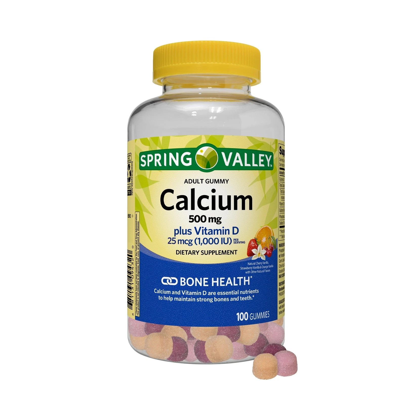 Calcium 500 mg Plus Vitamin D 25mcg Bone Health Dietary Supplement Gummies 100Ct