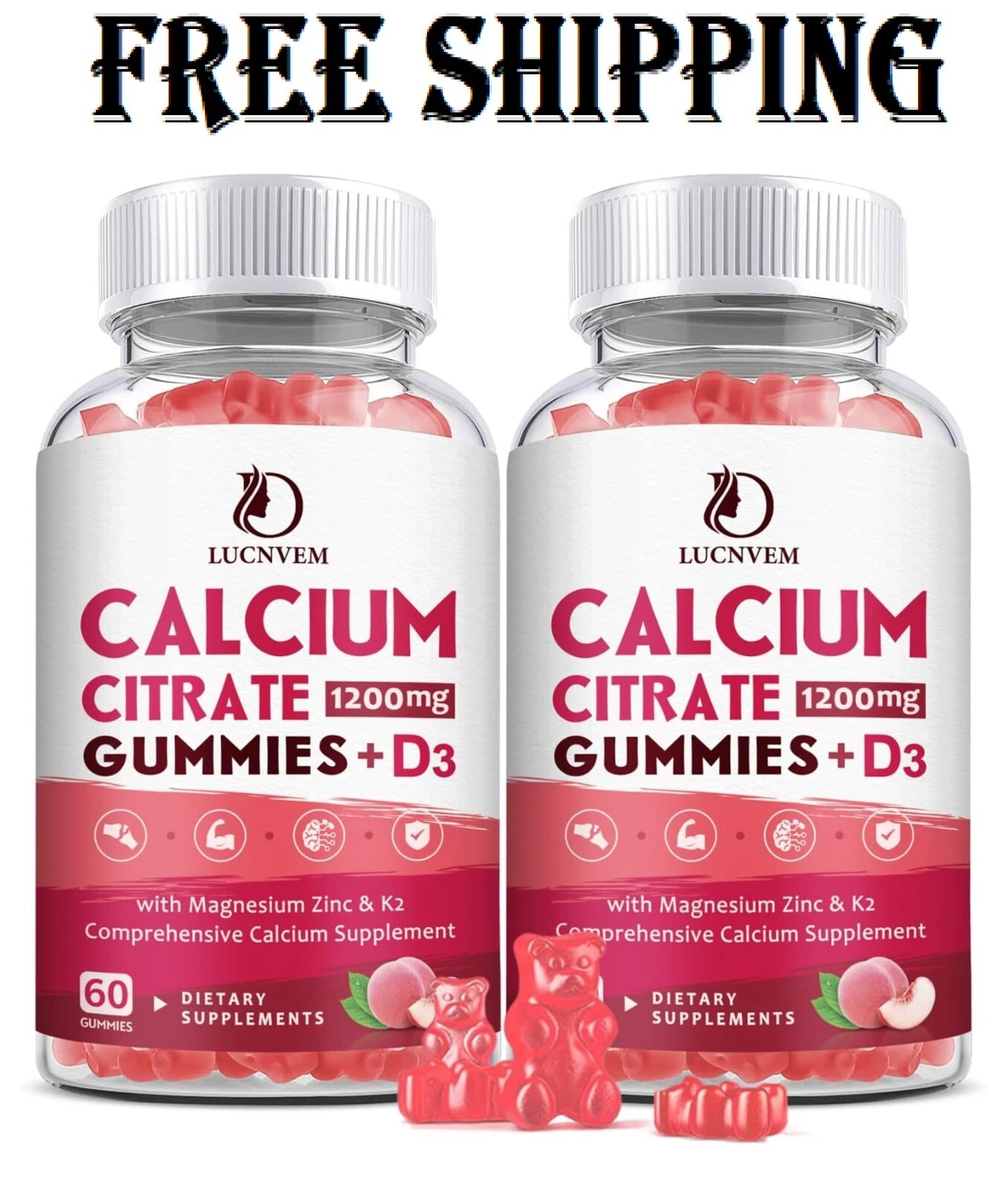 (2 Pack) Calcium Citrate 1200Mg with Vitamin D3 Supplements Gummies for Women &