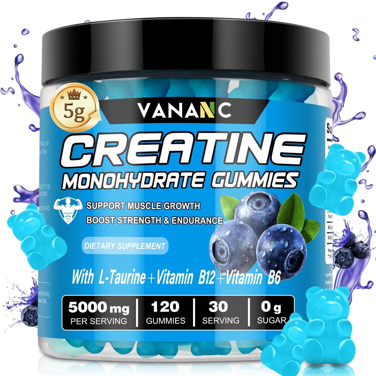 Creatine Monohydrate Gummies 5g for Men & Women,120 Sugar-Free Chews Pre Work...