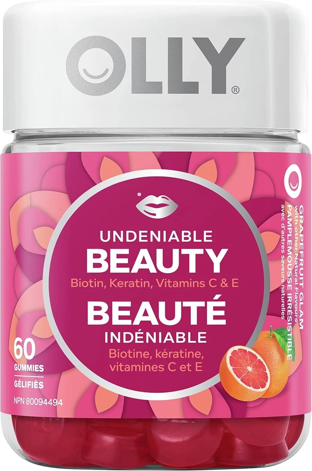 Olly Undeniable Beauty Gummy Grapefruit Glam Biotin Keratin Vitamin C 60 pcs NEW