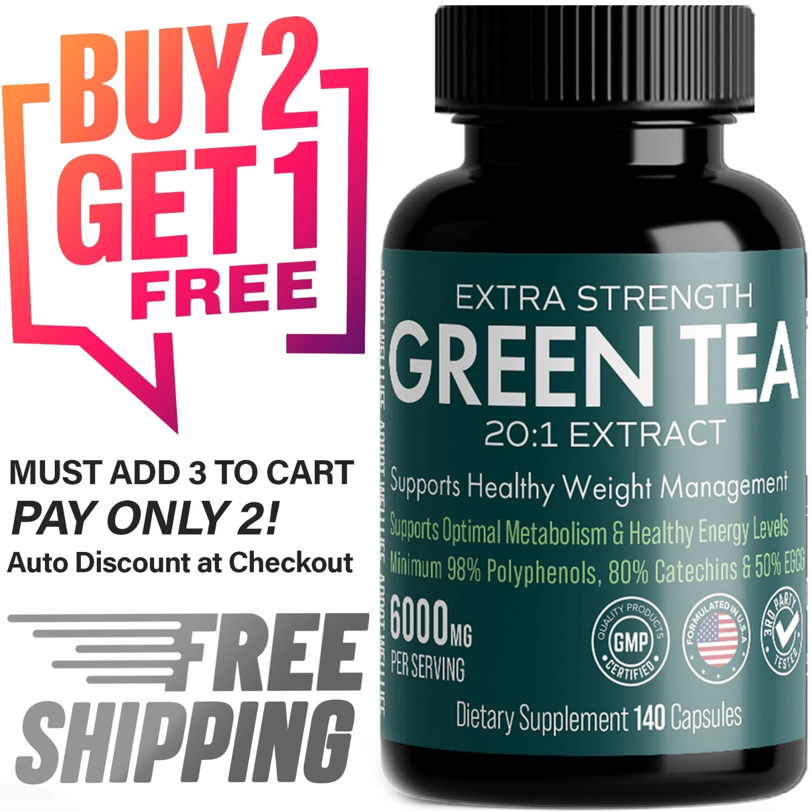 Green Tea Capsule 6000mg – High Potency EGCG | 140 Count | Fat Burner, Antioxida