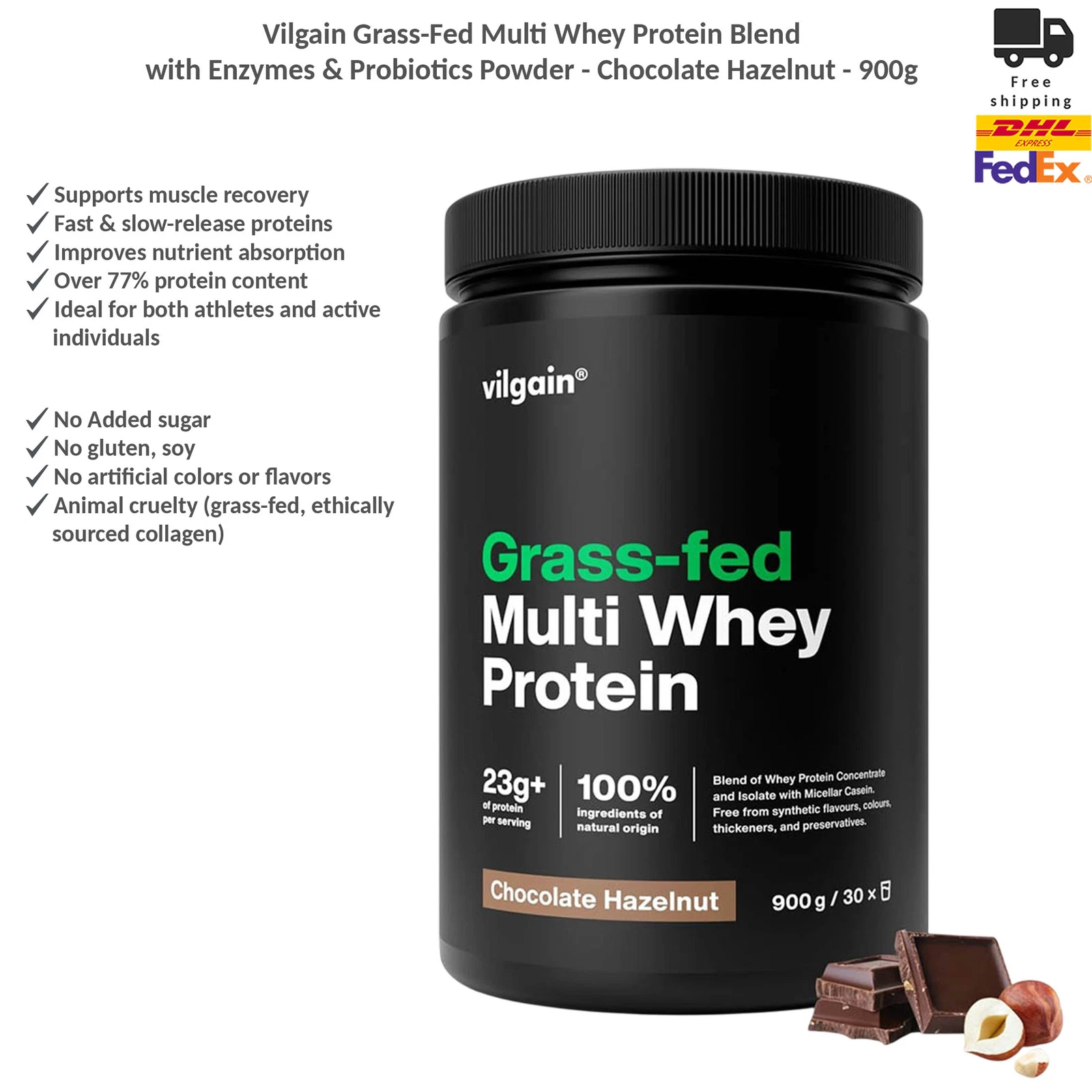 Vilgain Grass-Fed Multi Whey Protein Blend with Probiotics Powder Chocolate 900g