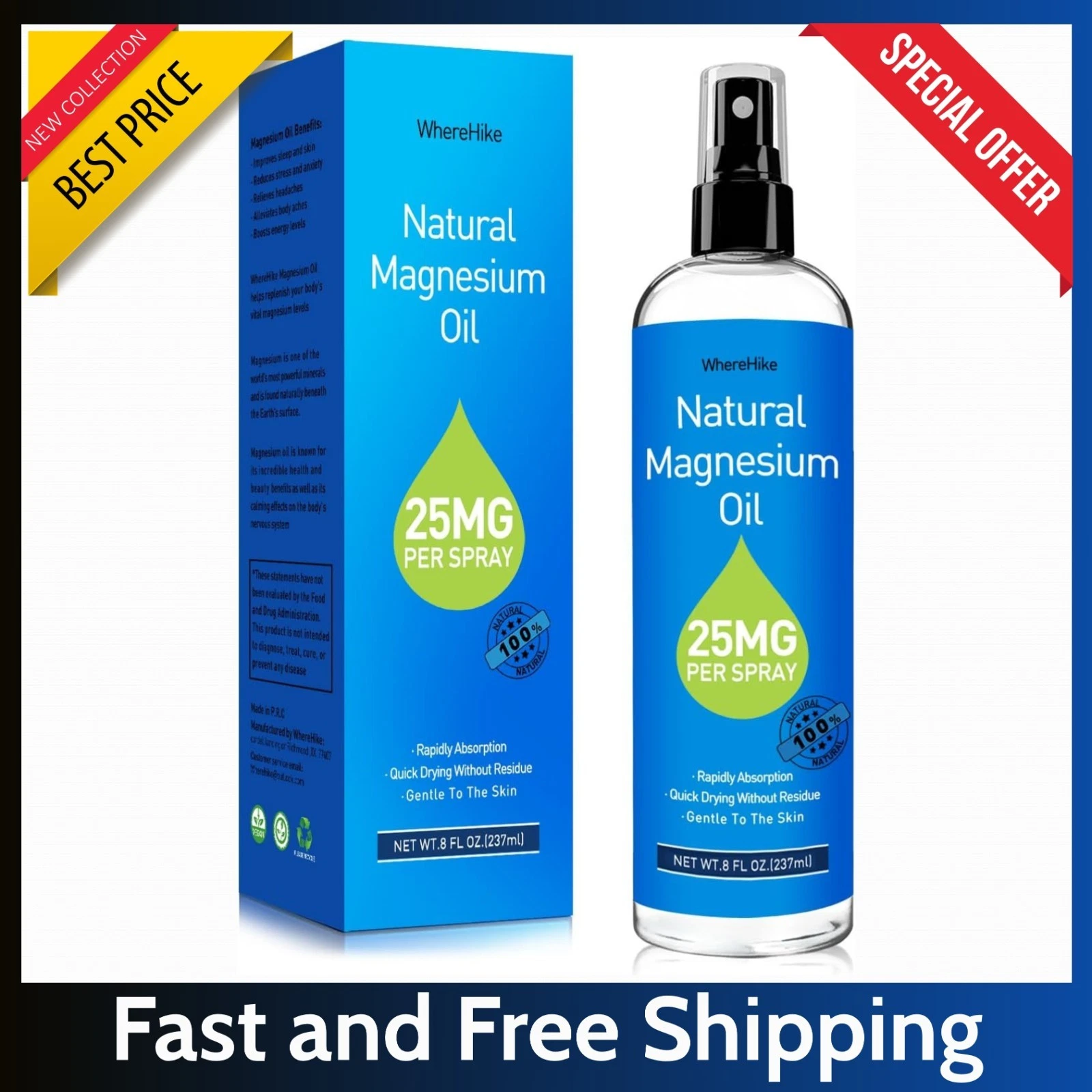 100% Pure Magnesium Oil Spray 8 fl oz - Quick Absorbing Muscle & Joint Relief ..