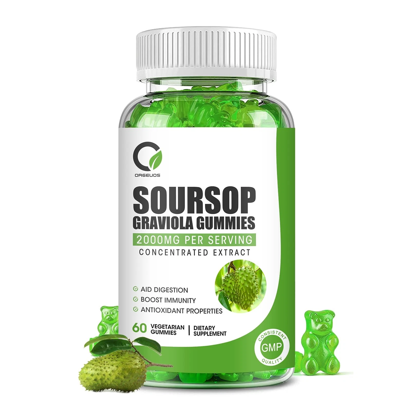 ORGEUOS Soursop Graviola Gummies, Organic Soursop Leaves and Seeds Extract with