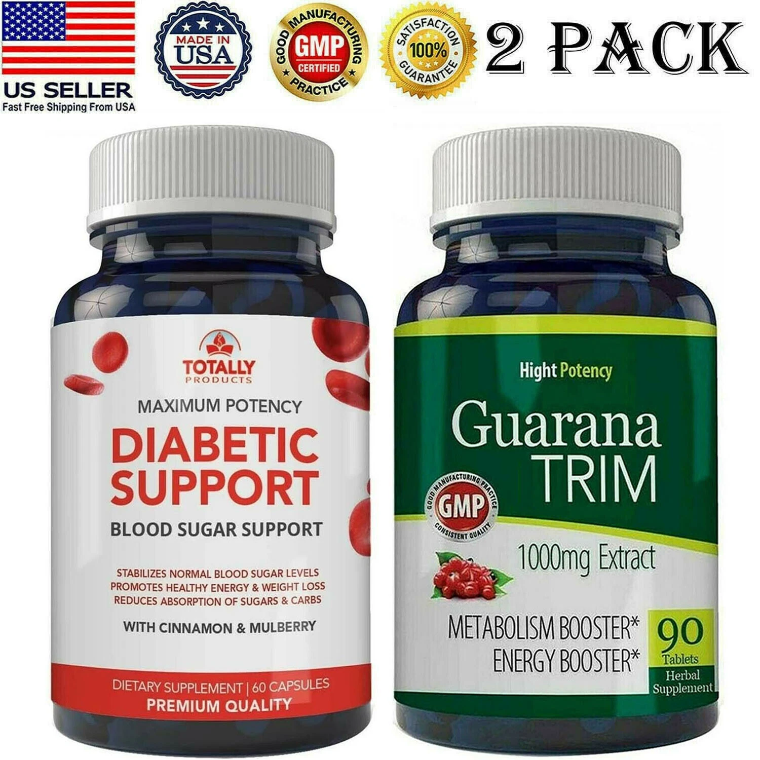 Blood Sugar Support Supplements & Guarana Extract Metabolism Booster Capsules