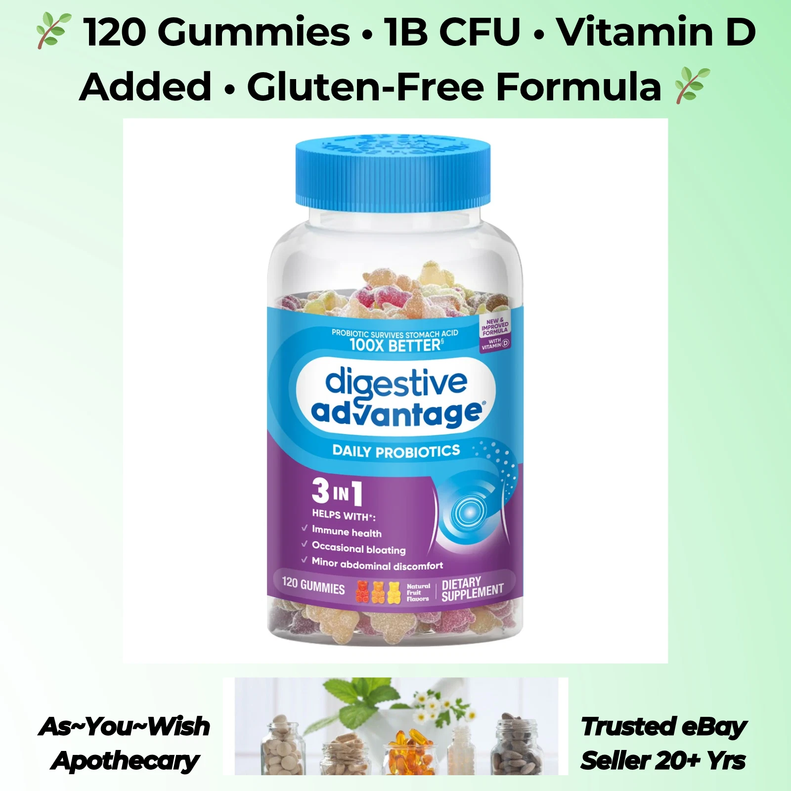 Schiff Digestive Advantage Probiotic Gummies 120ct 1B CFU Vitamin D Immune Supp.