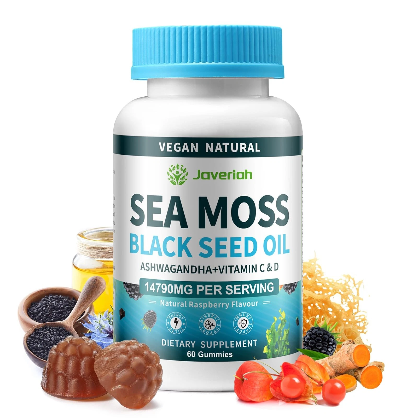 Vegan Ashwagandha Sea Moss Gummies - Black Seed Oil, Vitamin C&D for Immune