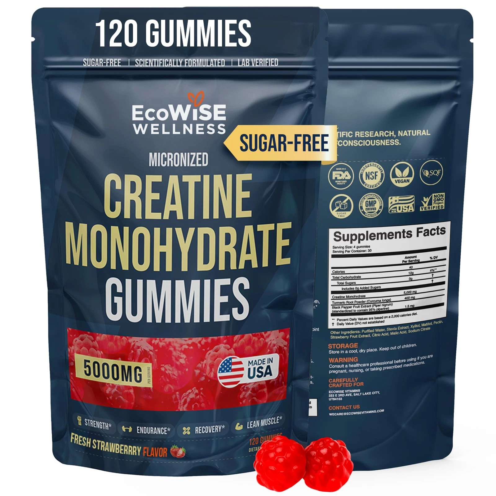 EcoWise Wellness Creatine Monohydrate Gummies 5000 mg Fresh Strawberry Flavor...