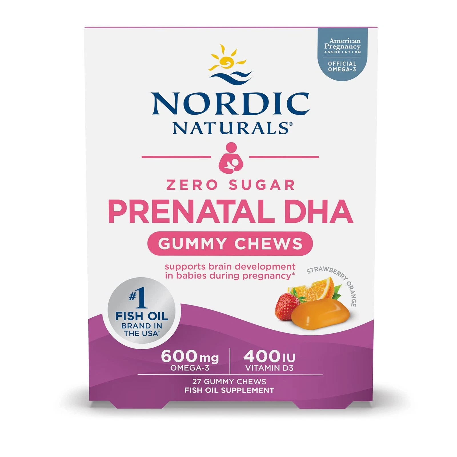Nordic Naturals Zero Sugar DHA Prenatal Vitamin Gummies, Strawberry Orange