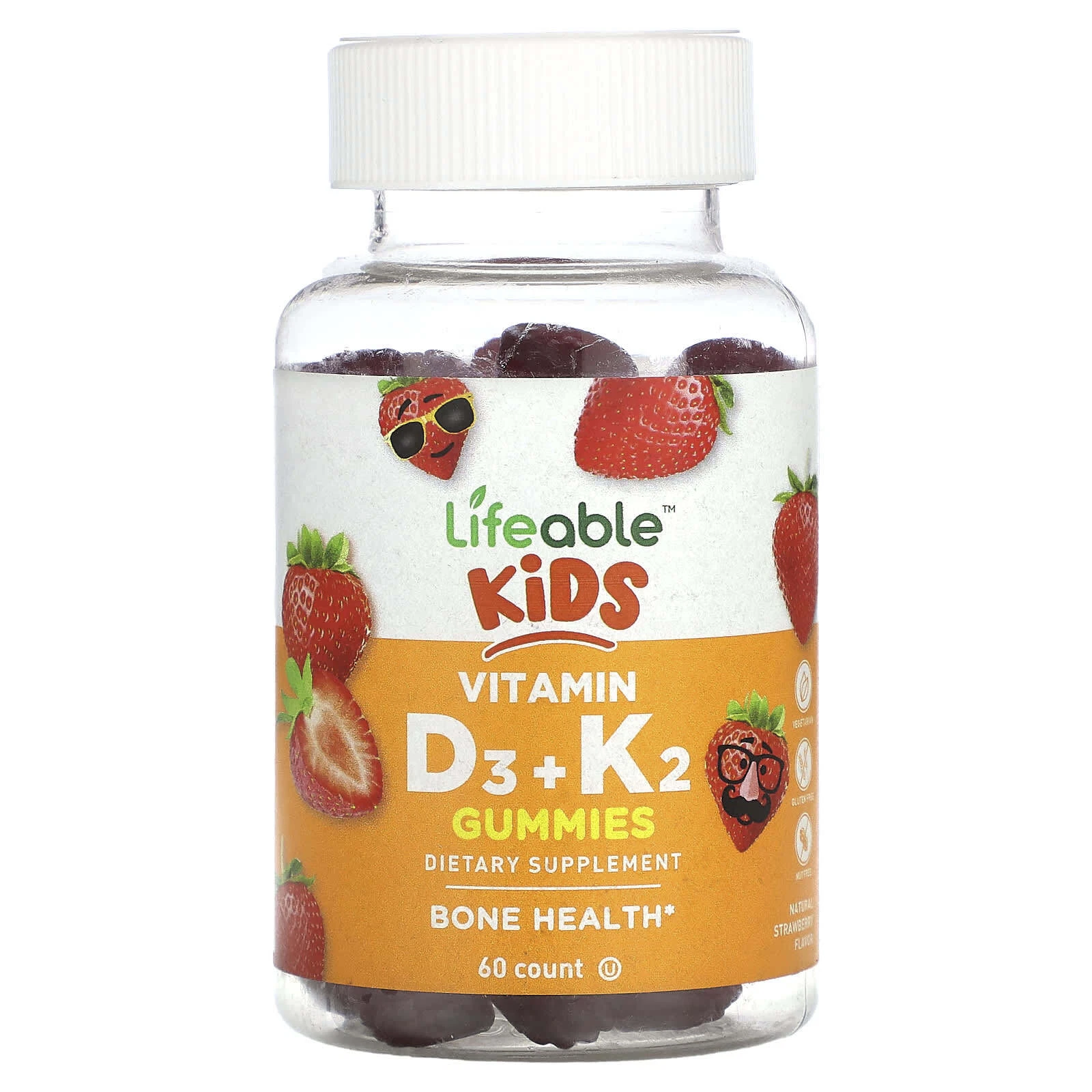 2 X Lifeable, Kids Vitamin D3 + K2 Gummies, Natural Strawberry, 60 Gummies