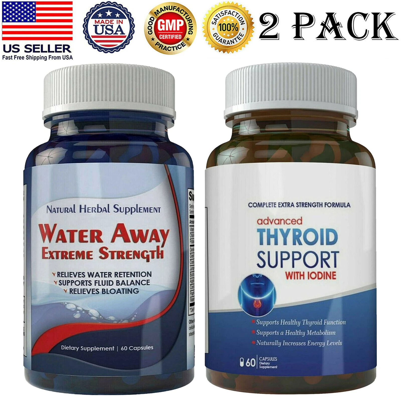 Diuretic Water Away 700mg Pills Thyroid Support with Iodine Weight Loss Caps 2PK