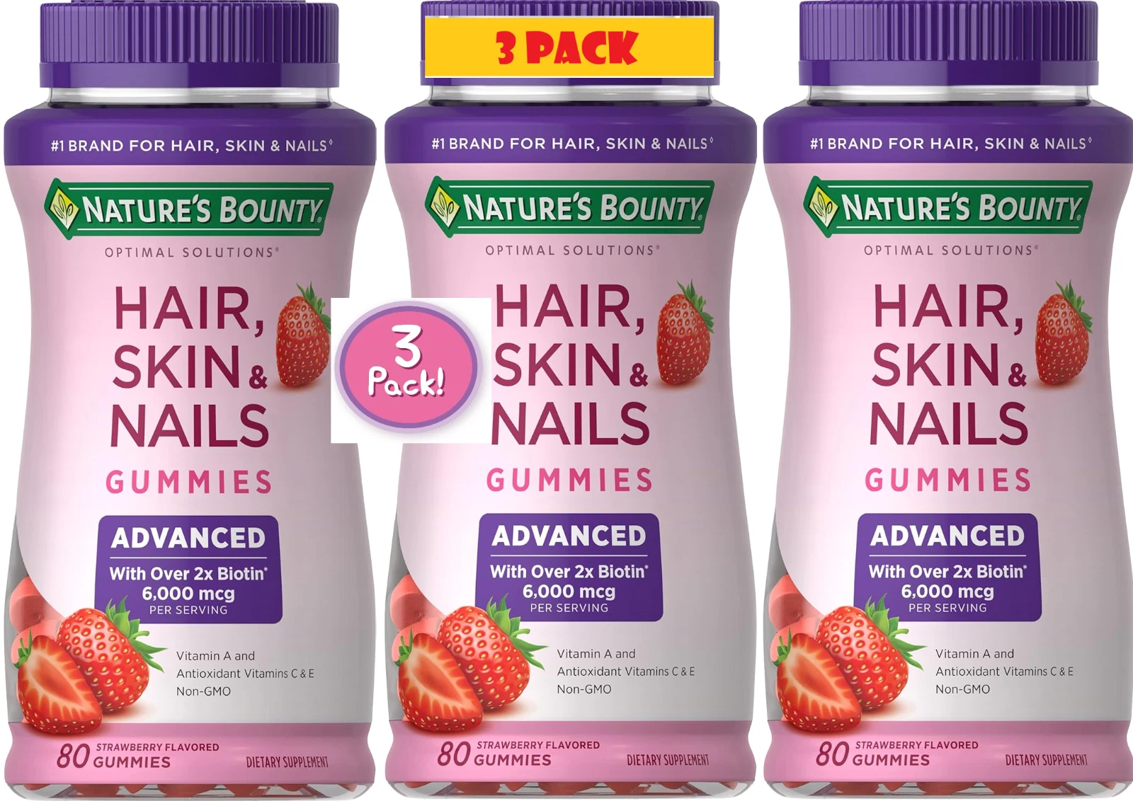 3 Pack Hair, Skin & Nails Gummies 6000 mcg 240 count (3x80) Advanced 2 x Biotin