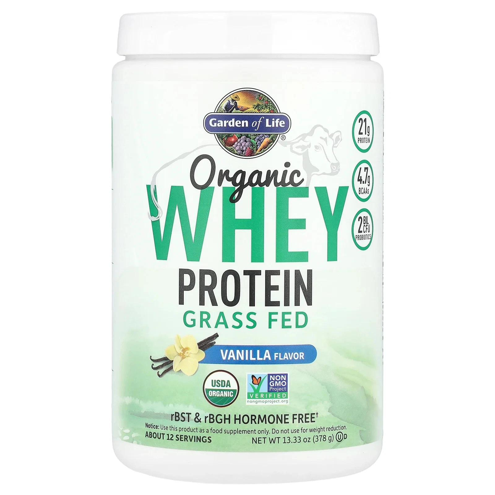 Organic Whey Protein, Grass-Fed, Vanilla, 13.33 oz (378 g)