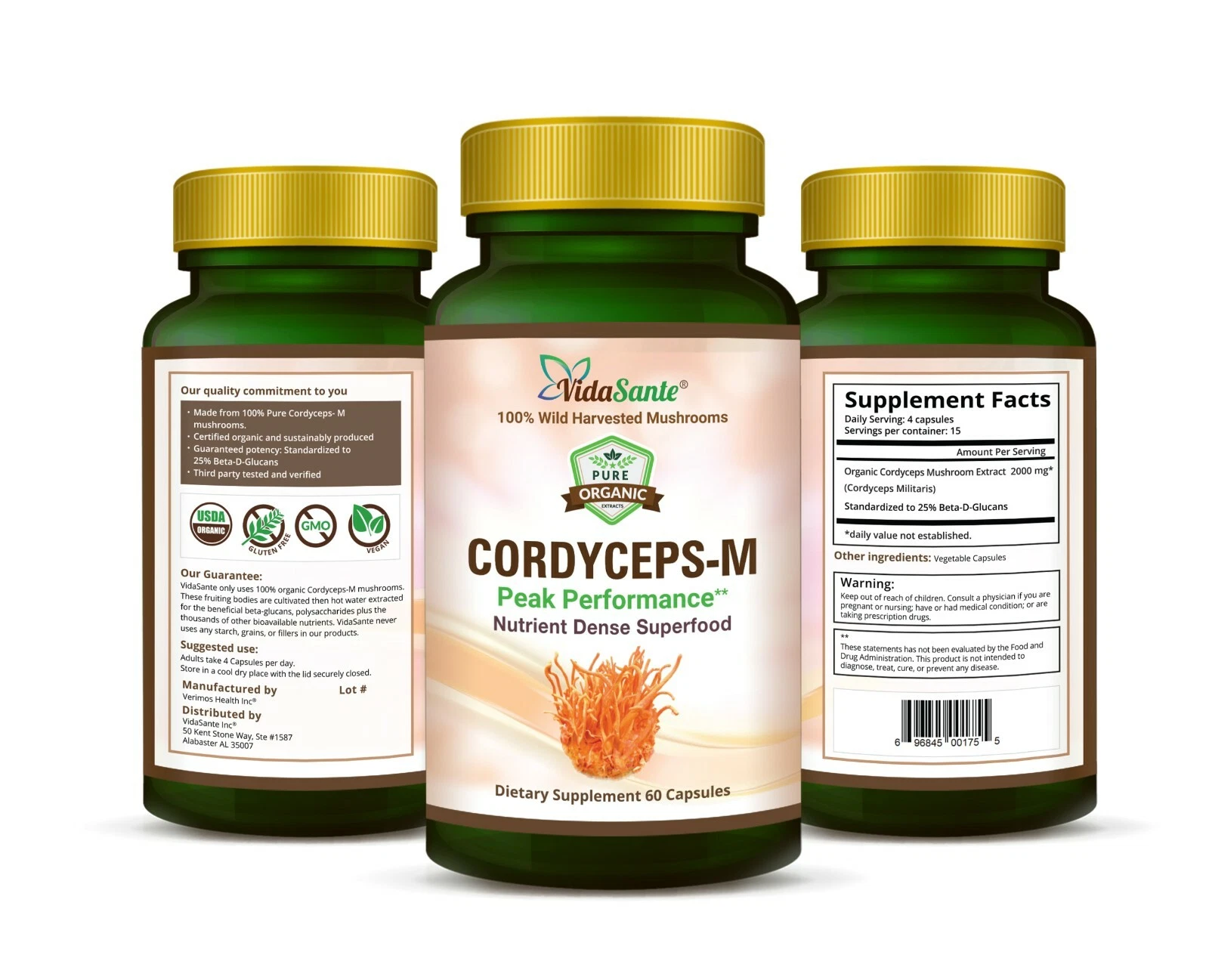 ORGANIC 8 to 1 CORDYCEPS MILITARIS MUSHROOM EXTRACT FDA REG LAB 120 CAPS 500MG