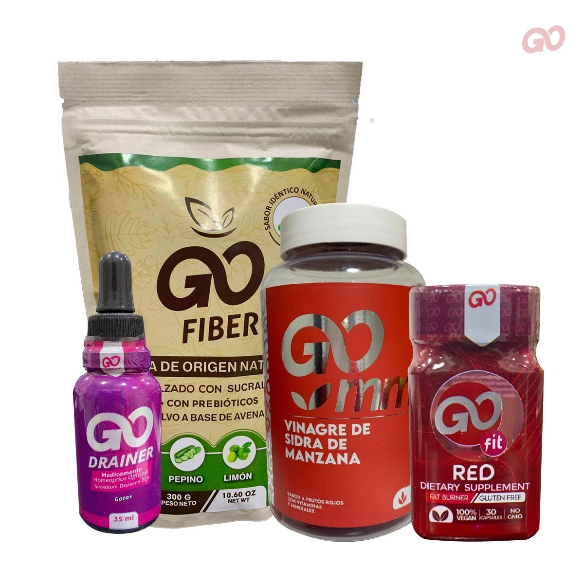Go Fit Red + Go Drainer + Go Fiber + Gummy/ Fat Burner-Drainer-Fiber-Apple Cider