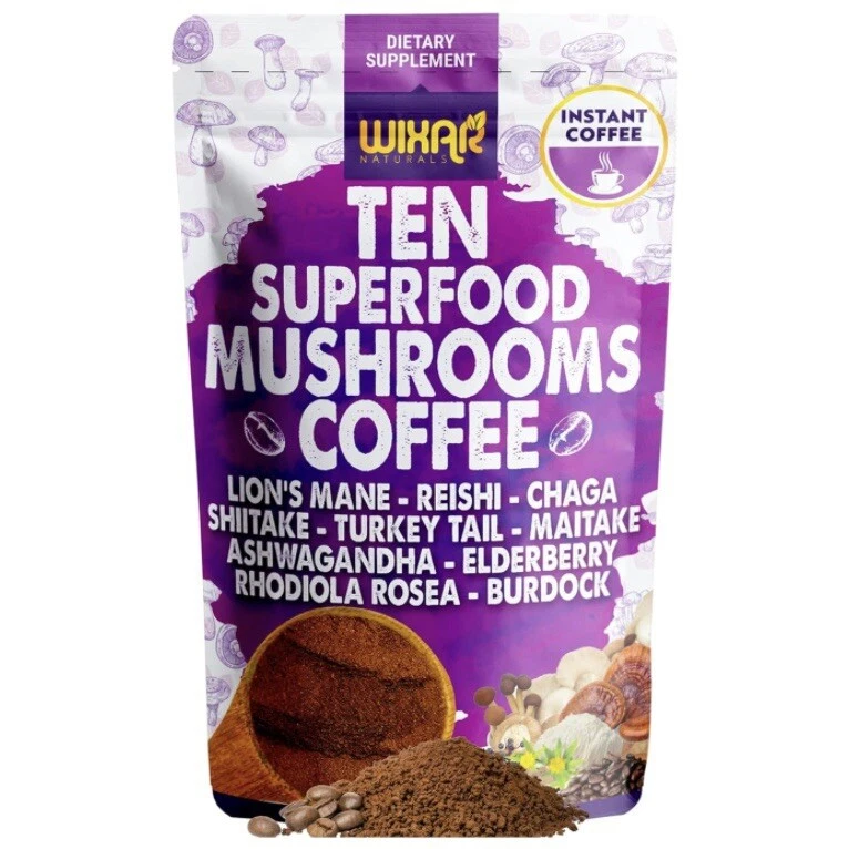 Wixar Naturals Ten Superfood Mushrooms Instant Coffee Lions Mane Turkey Tail 5oz