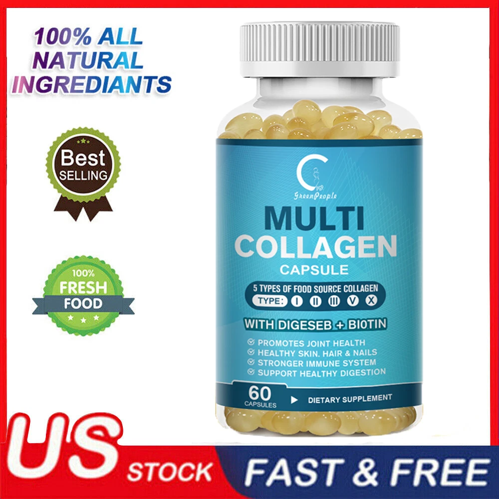 Multi Collagen Peptides-60 Capsules-Type I,II,III,V,X Anti-Aging Collagen Pills