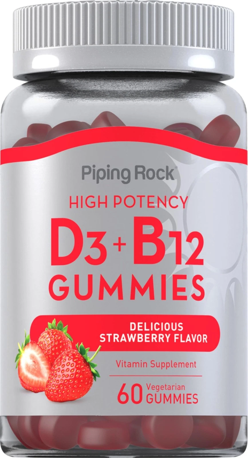Piping Rock Vitamin D3 + B12 Complex Gummies | High Potency | Strawberry Flavor