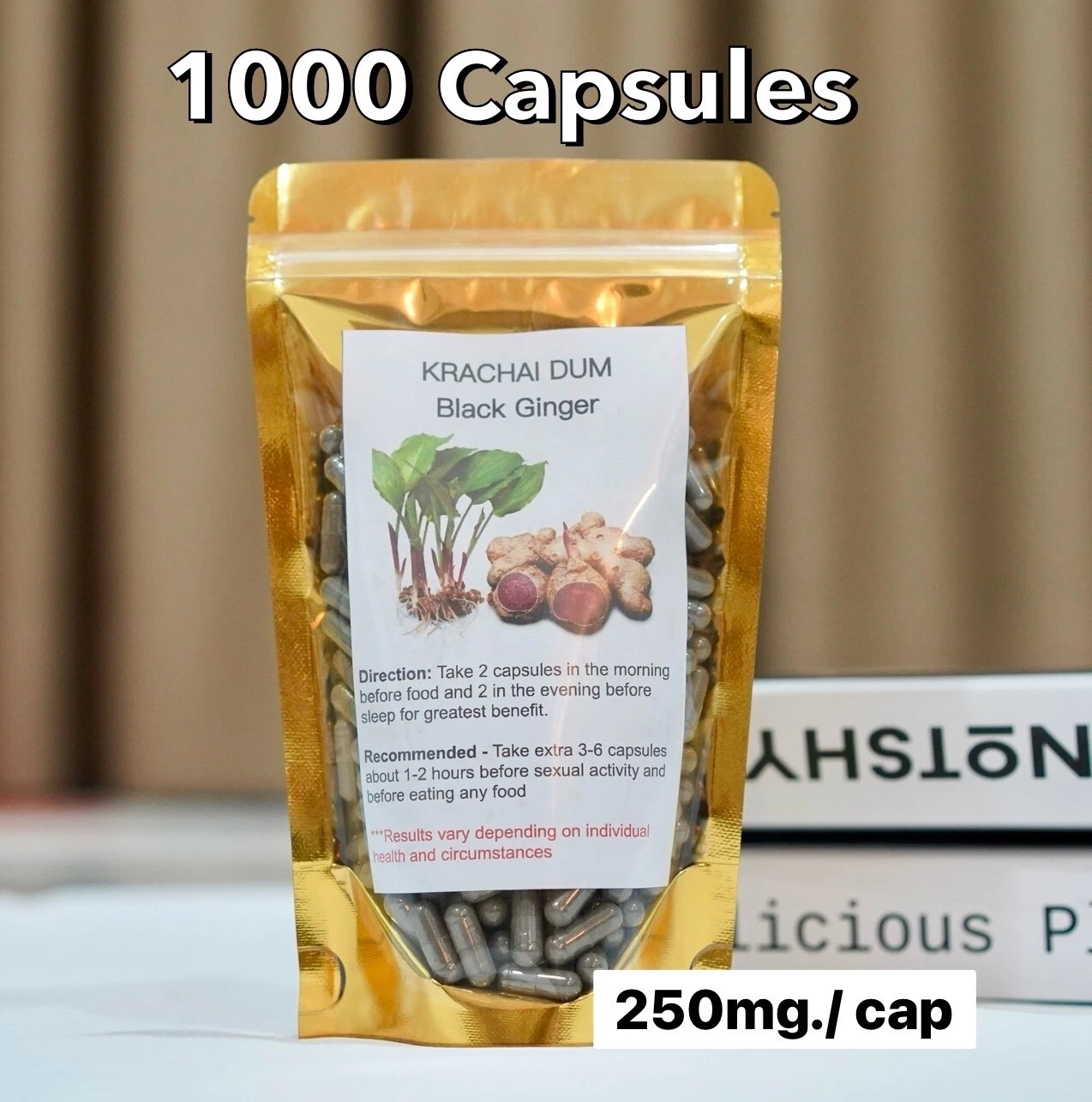 Organic KrachaiDam Black Galingale Ginger Herbal Kaempferia parviflora 1000 Caps