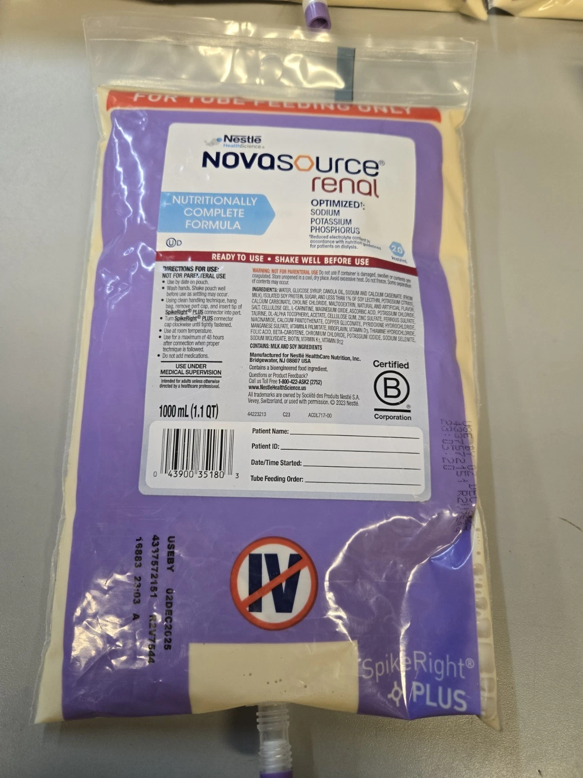 Nestle Novasource Renal Tube Feeding Formula Unflavored 1000 mL case of 6