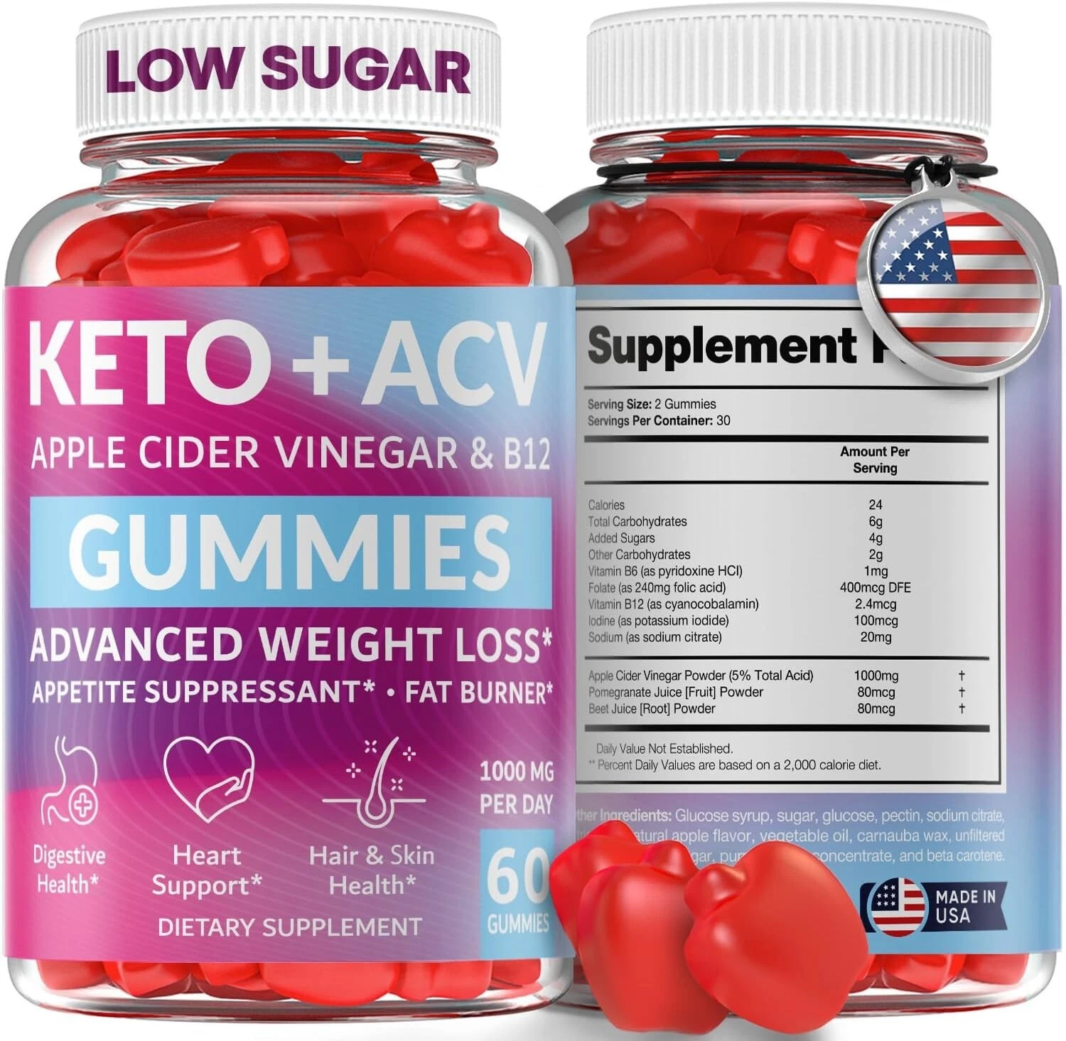 Keto + ACV Apple Cider Vinegar Weight Loss Fat Burner 1000mg - 60 Gummies