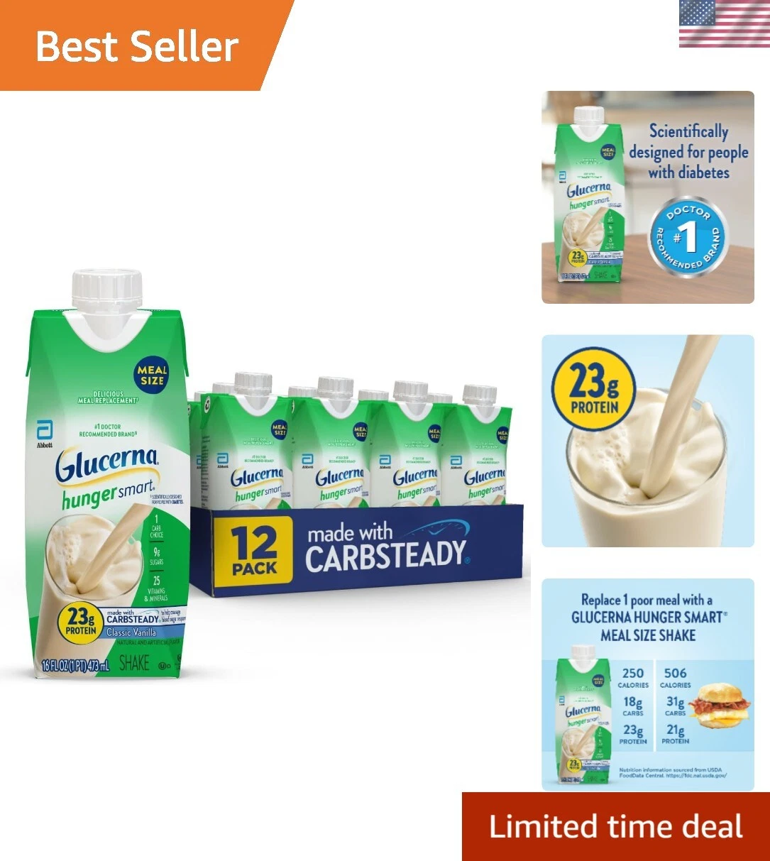 Nourishing Meal Replacement Shake for Diabetics - 12 Pack, 23g of Protein