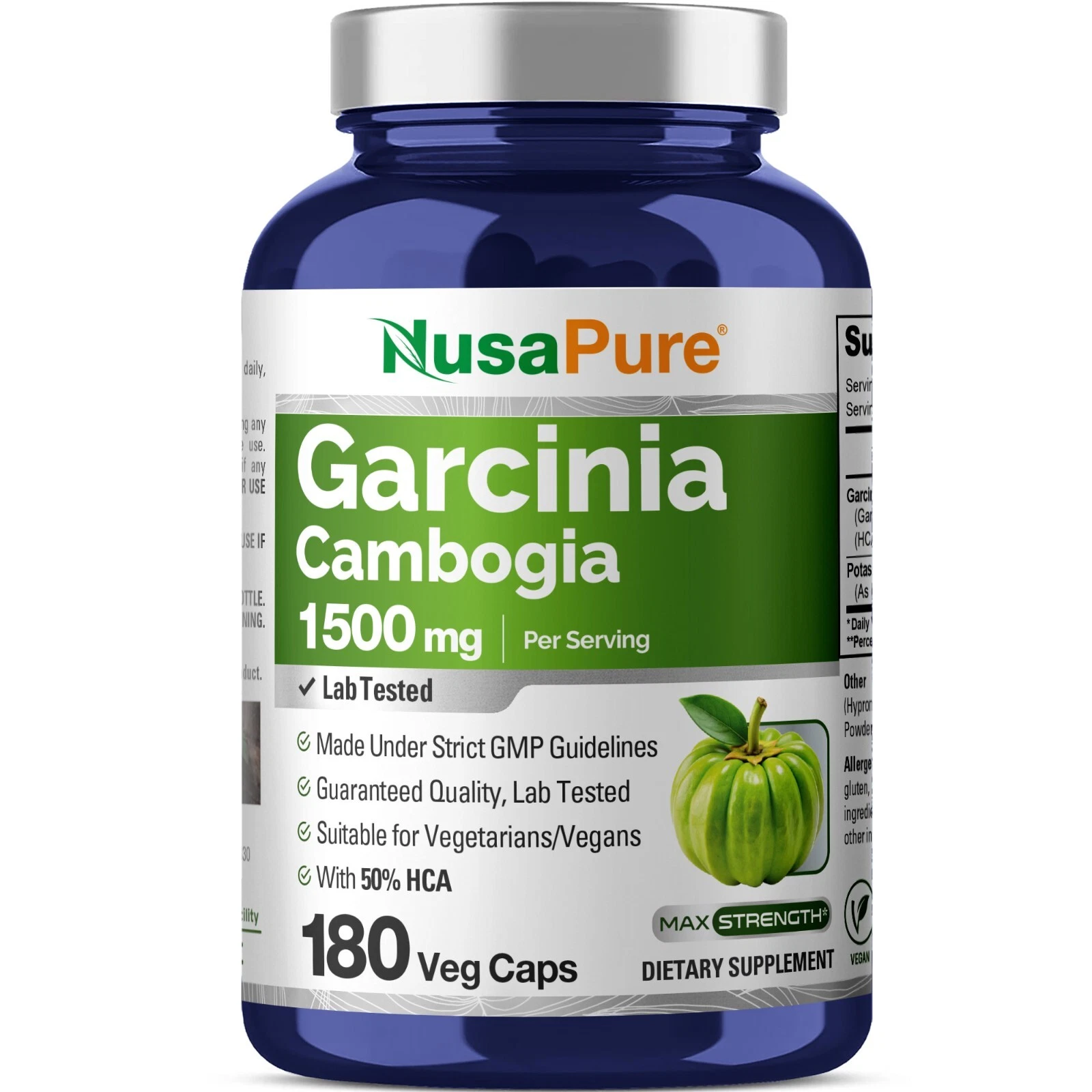 NusaPure Garcinia Cambogia 180 Veggie Caps 1500mg (Vegetarian, Non-GMO Vegan)
