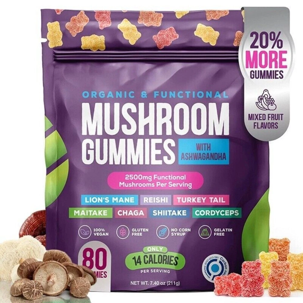 Natural Mushroom Supplement Gummies Ashwagandha Shiitake 80 Counts Fruit Flavor