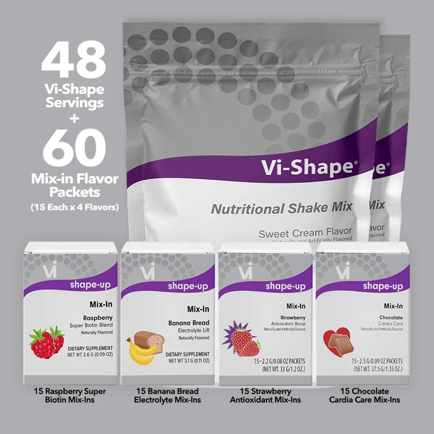 Vi Shape Four Flavor Transformation Kit, 2 Shake Pouches + 4 Box Mix Ins Flavors
