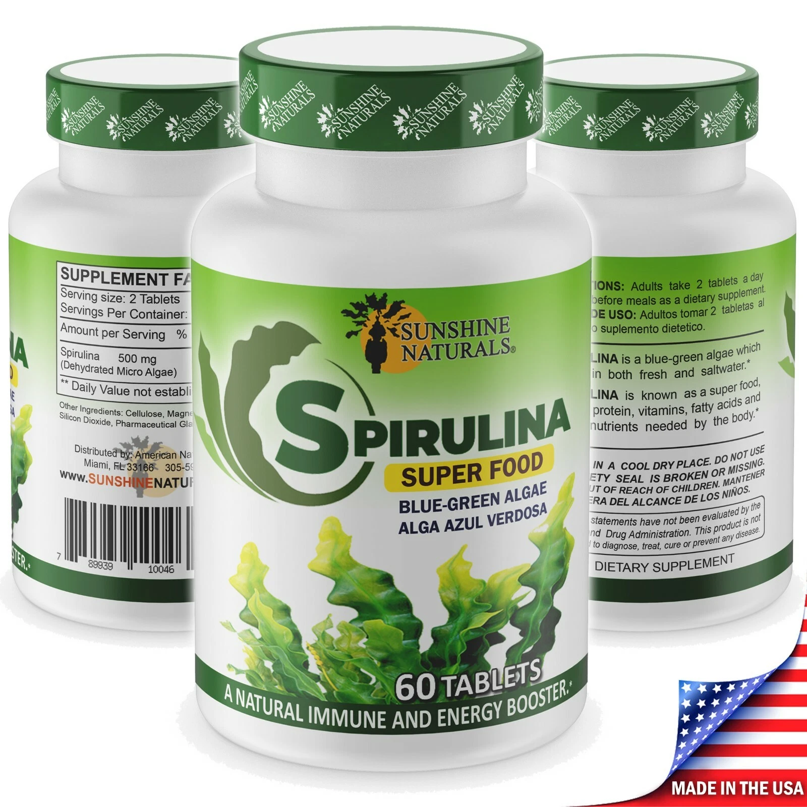 Sunshine Naturals Spirulina Super Food 60 Tablets Made in the USA