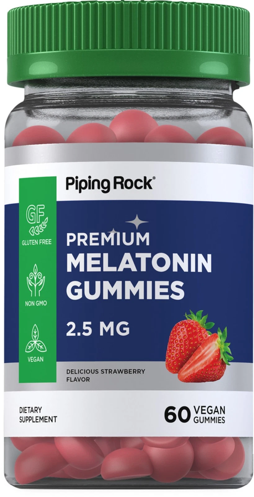 Melatonin Gummies 2.5 mg | 60 Count | Strawberry Flavor | by Piping Rock