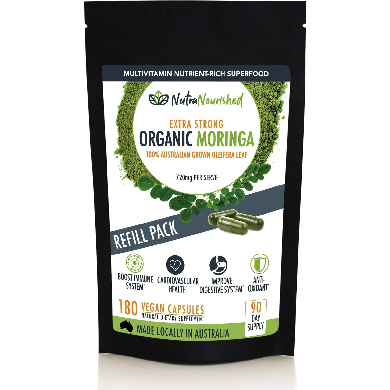 Organic Moringa Leaf Capsules (REFILL BAG) Australian Grown - 180 Vegan Tablets