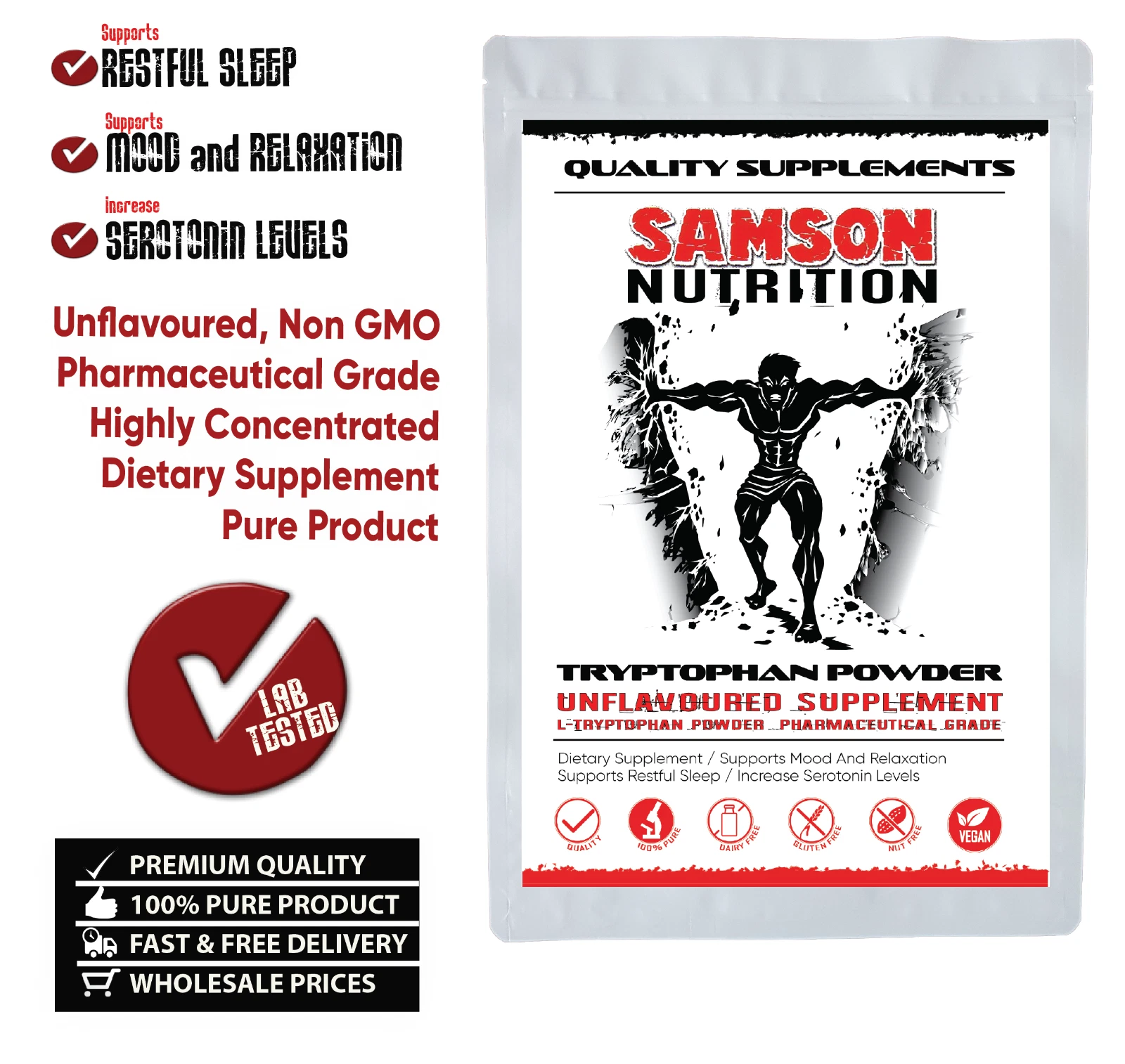L-Tryptophan Powder 250g, 100% Pure, Stress Relief, Improve Mood & Relaxed Sleep