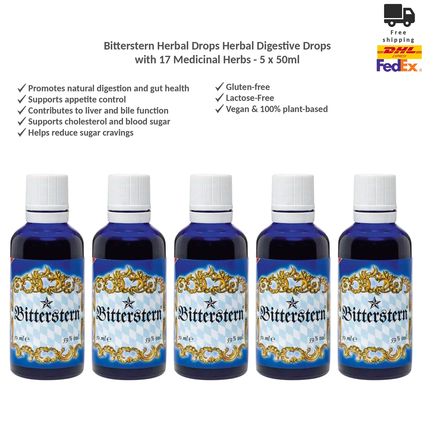 Bitterstern Herbal Drops Natural Digestive Drops with 17 Medicinal Herbs 5x50ml