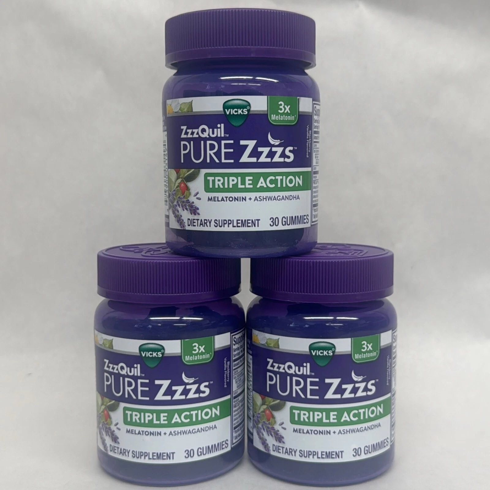 Vicks ZzzQuil Pure Zzzs Triple Action Melatonin + Ashwagandha 30ct (90ct Total)