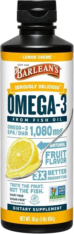 Barlean's Omega 3 Fish Oil DHA 1080 mg Lemon Creme 16 fl oz EXP 01/2026