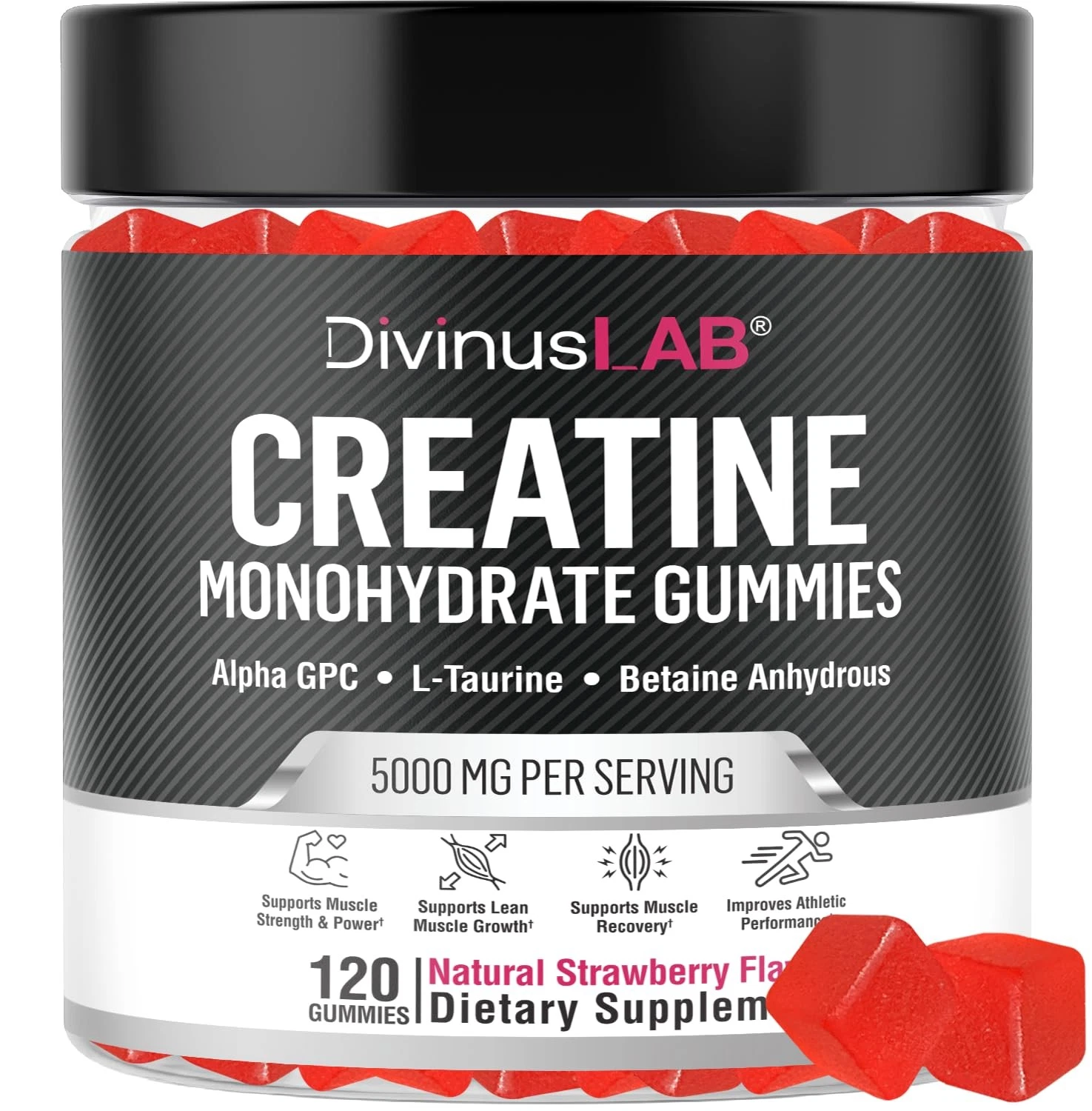 DivinusLab Creatine Monohydrate Gummies 5g (5000mg) for Men & Women, 120 Count,