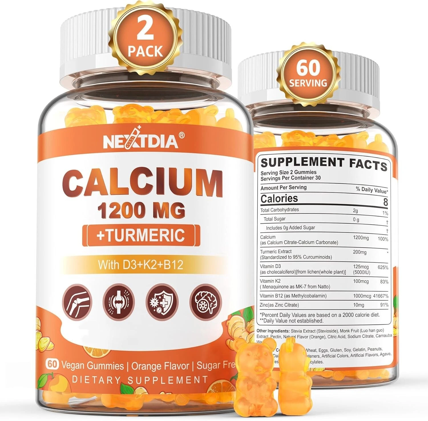 Nextdia Turmeric Calcium Gummies for Women & Men - Sugar-Free Calcium 1200mg ...