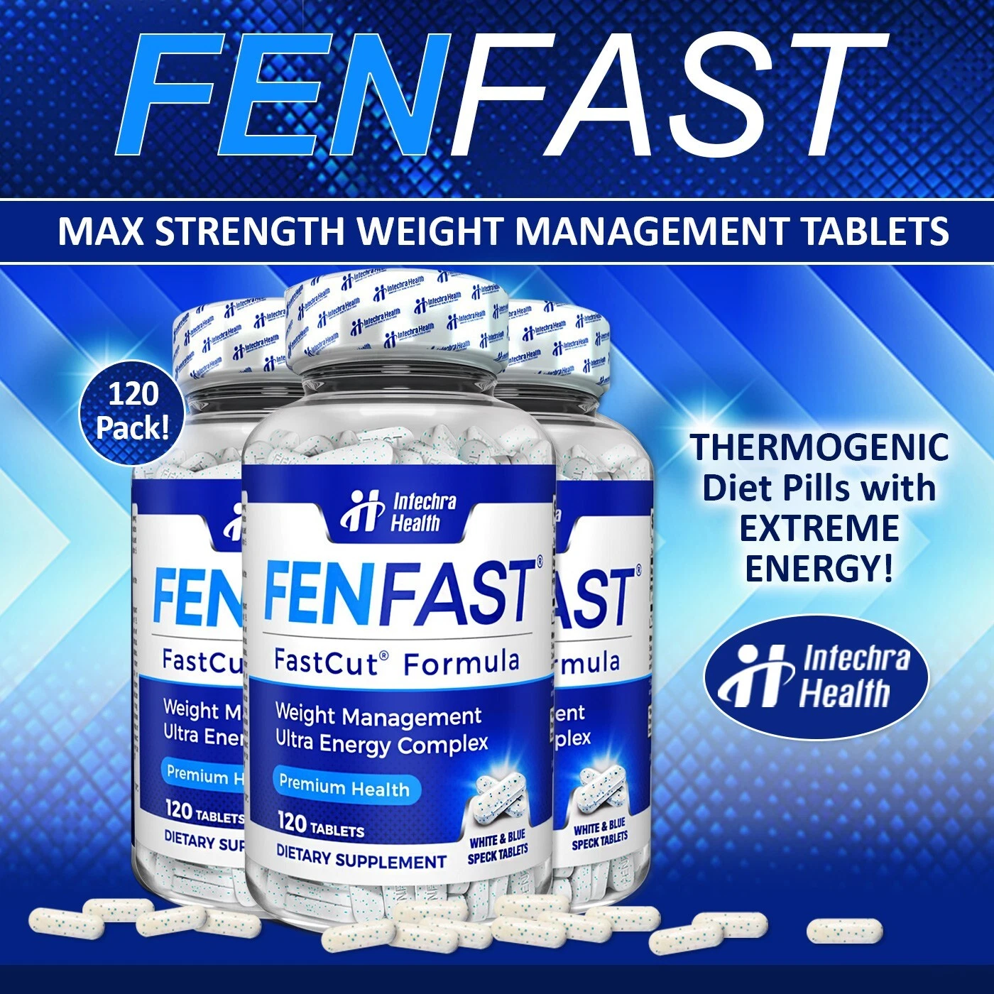 Fenfast 3 Bottle Pack! Weight Management Energy Diet Pills - White/Blue Tablets