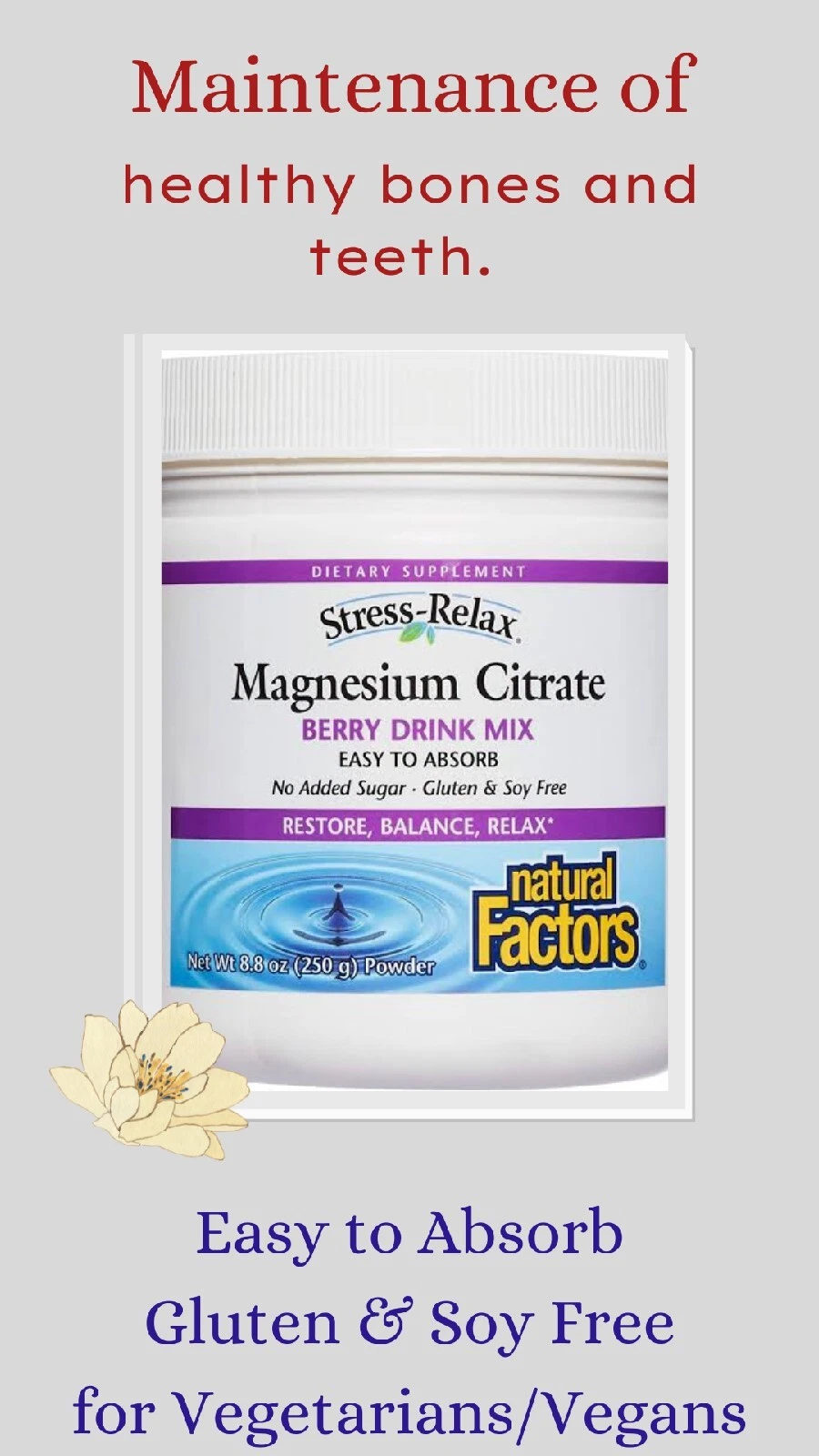 Natural Factors, Stress-Relax, Magnesium Citrate Powder, Berry Drink Mix, 8.8 oz