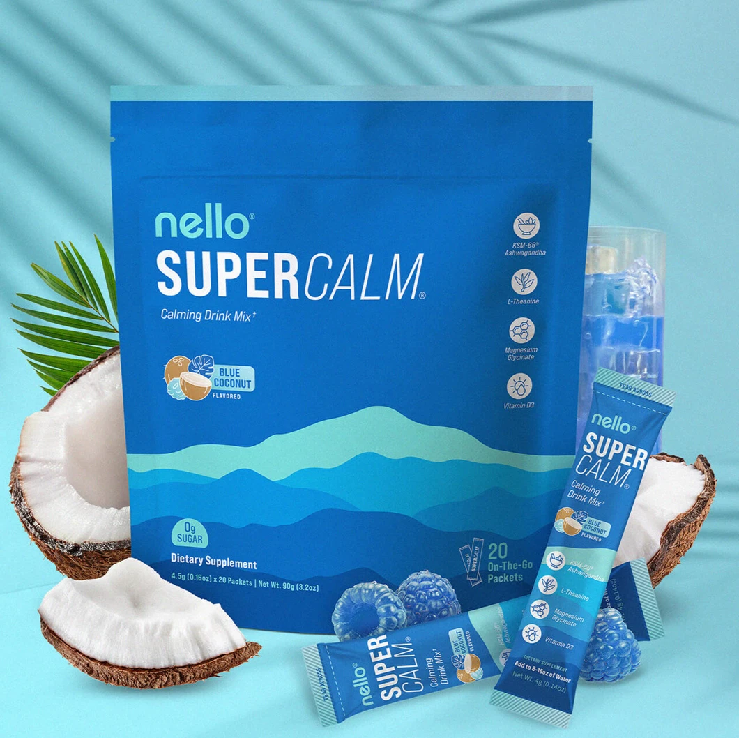 Nello SuperCalm Calming Powdered Drink Mix Relaxation Focus Blue Coconut 20 Svrg