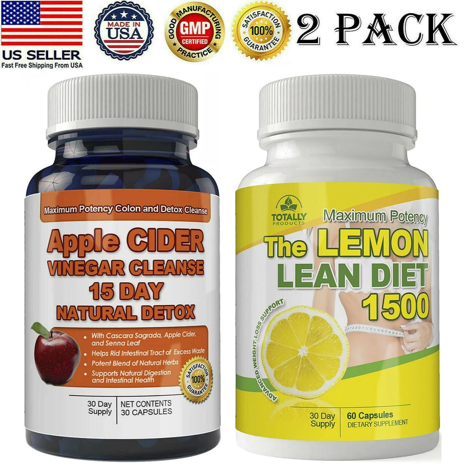 Apple Cider Vinegar Colon Cleanse Detox & Lemon Lean Weight Loss Diet Capsules